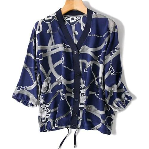100% silk spliced women fashion printed thin cardigan shirt Vneck tees half sleeve one&over size retail wholesale