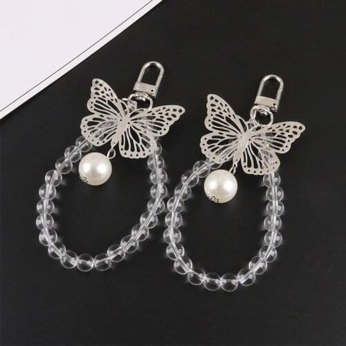 New Creative Butterfly Pearl Keychain Bag Ornament Pendant Lovely Imitation Pearl Beads Bracelet Chain Car Keychain Accessories