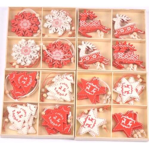 12pcs Christmas Painted Wooden Pendants Xmas Tree Ornaments DIY Wood Crafts Kids Gift for Home Party Decorations