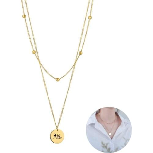 Acheerup Double-Layers Stainless Steel Necklace For Women Engrave Name Round Pendant Custom Nameplate Gold Jewelry Lovers Gift