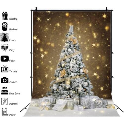 Christmas Tree Backdrop For Photography Pine Tree Gifts Glitter Stars Snowflake New Year Party Decor Photo Background Photocall