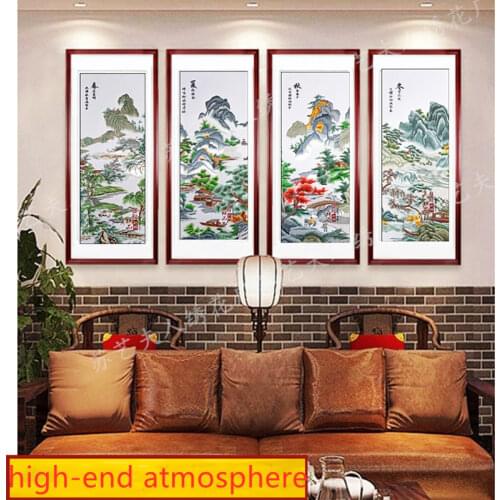 Mural silk embroidery Yan Bolong landscape four screen living room study office tea restaurant decoration gift painting SP0117