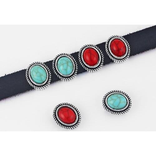 Hot 10pcs Turquoise Red Stone Slide Spacer Fit 10*2mm Flat Leather Cord For DIY Jewelry Fitting