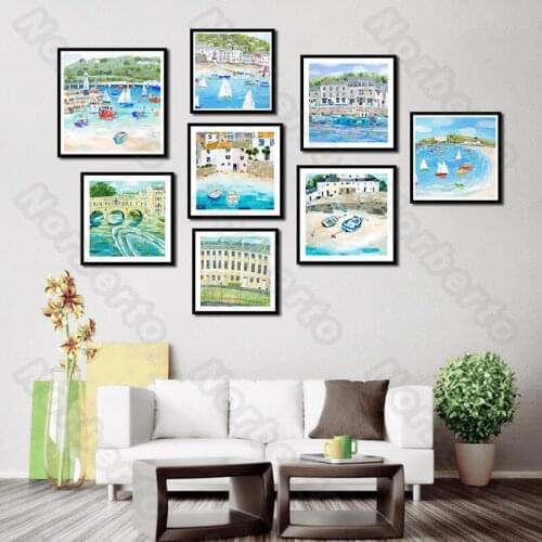 European Style Canvas Painting Wall Poster Cartoon Pictures Urban Outdoor Seaside Scenery Natural Plants for Home Room Decoratio