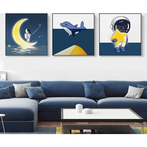 Canvas Painting Nordic Cartoon Astronaut Posters and Prints Moon Star Wall Art Pictures Wall Blue Yellow Nursery Kids Room Decor