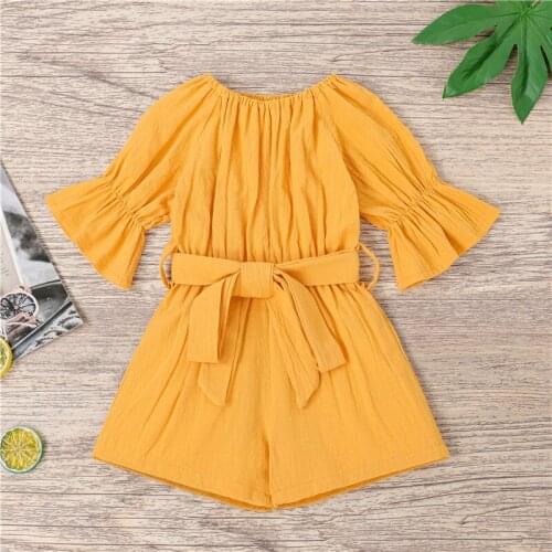 Summer Kids Casual Sweet Jumpsuit Solid Color Boat Neck Short Sleeve Romper with Waist Belt for Girls Yellow/Pink/Wine Red
