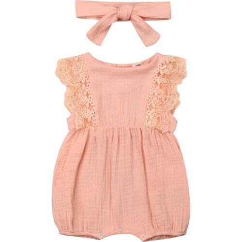 2021 Brand New 0-24M Newborn Infant Baby Girls Boys Romper Headband 2PCS Lace Ruffles Sleeve Floral Pink Jumpsuit Summer Clothes