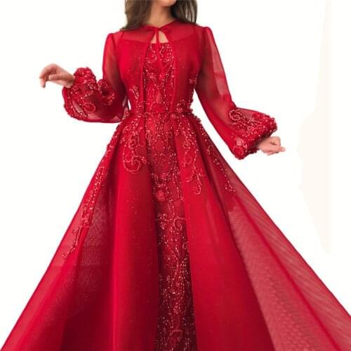 Red Evening Dresses A-line Long Sleeves Tulle Appliques Beaded Dubai Saudi Arabia Long Prom Dress Gown Robe De Soiree