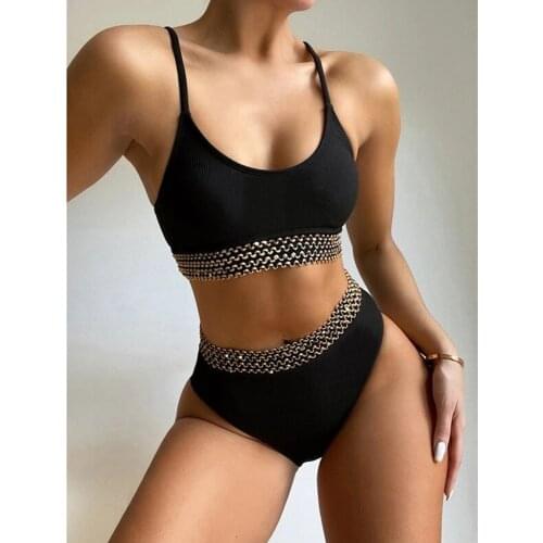 Ribbed Bikini High Waist Swimsuit Female 2021 New Patchwork Swimwear Women Two Pieces Bikini Set Bather Bathing Suits Swim Lady