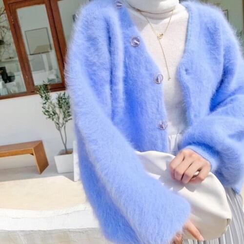 Candy Color Mink Cashmere Pink Cardigan New Korean Autumn Winter Thick Coft Single Breasted Knitting Loose Sweater Coat