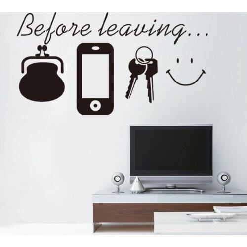 Before Leaving Cellphone Key Bag Smile Reminder Quotes Vinyl Wall Stickers For Door Living Room Decoration Diy Decals Wall Art