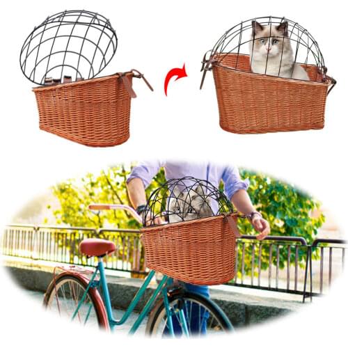 Basket Bicycle for Dog Wicker Hand-woven Bike Front Mount Large Capacity Pet Basket with Protective Net for Cat Dogs Up to 25lbs