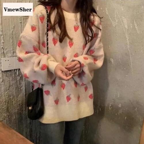 VmewSher New Sweet Strawberry Print Knitted Pullovers Women Autmn O-Neck Loose Long Sleeve Sweaters Streetwear Cute Outerwear