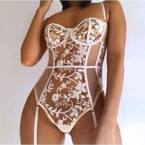 Sexy Women Lace Lingerie Bodysuits Solid Color Perspective Short Romper Erotic Underwear Ladies Hollow Out Skinny Bodysuit