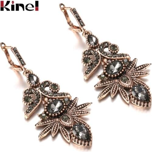 Kinel Boho Gray Crystal Flower Drop Earring For Women Ethnic Bride Jewelry Antique Gold Color Dangle Earring Arabesque Bijoux
