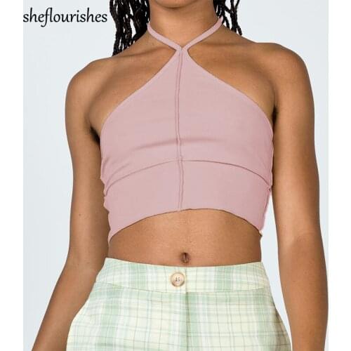 Sexy sleeveless top women summer crop top backless knit tops casual solid tank top pink halter neck tops bright line camis green