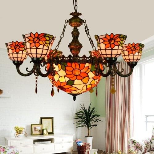 Tiffany sunflower Stained Glass Suspended Luminaire E27 110-240V Chain Pendant lights for Home Parlor Dining Room