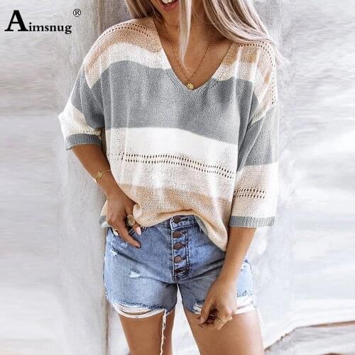 Women Sweaters 2020 Summer Autumn Thin Sweaters 3/4sleeved V-neck Stripes Color Matching Hollow Sweater Women Casual Pullovers