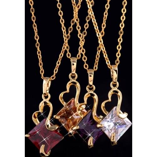 Geometric Zircon Stone Beads Women Pendant Necklace Gold Metal Necklace Red Rhinestone Purple Crystal Pendant Wedding Fine Jewel