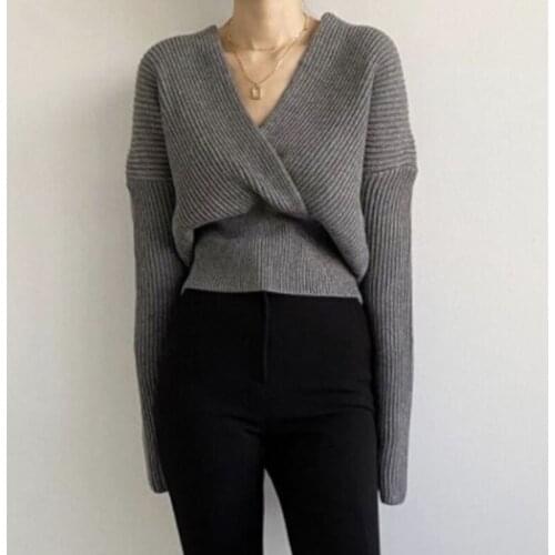 Winter Vintage Sweaters for Women Sexy V-neck Cross Knitted Pullover Short Accept Waist Long-sleeved Knitwear Jumper