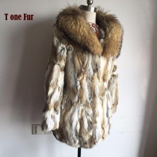 2020 100% Genuine Rabbit Fur Coat with Natural Raccoon Fur Collar Factory Direct Sale Hot Pure Fur Long Jacket KSR157