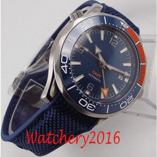 BLIGER Design Brand Luxury Men Watches Automatic Blue Dial Watch Stainless GMT Date Sapphire Business Mechanical Wristwatch