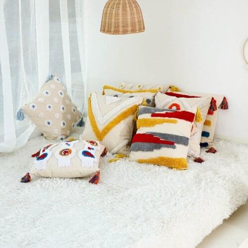 Moroccan Style Embroidered Cushion Cover 45x45cm Cotton Linen Tassel Pillowcase Tufted Throw Pillow Cushion for Sofa Bed Decor