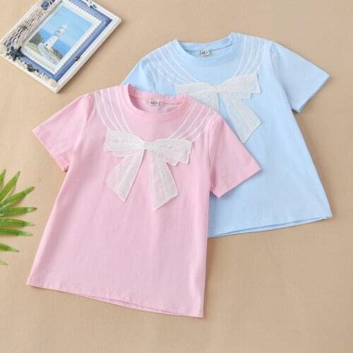 Girls' pure cotton t-shirt short-sleeved summer new foreign childrens bottoming shirt bowknot shirt childrens clothing