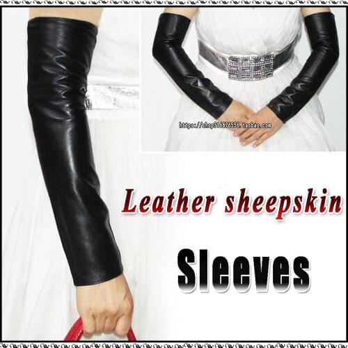 Long Arm Sleeves Leather Sheepskin Gloves Womens Fingerless Autumn and Winter Warmth Female Half-Finger Fashion Flannel Lining