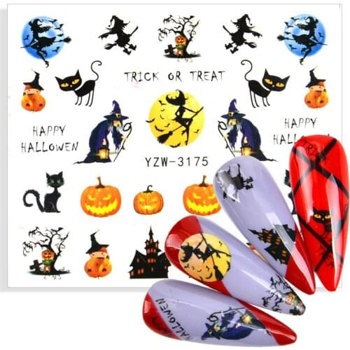 Lovely Cat Bat Witch Pumpkin Sticker Nail Art Design Water Totoos Sliders / Self Adhesive Decal For Nails Sticker 3D Tips Decals