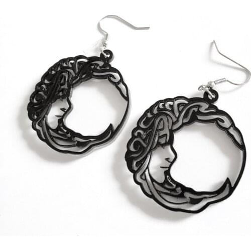 Fashion Stereoscopic Engraving lady head Earrings Women Black Vintage Hollow Out Round Acrylic Earrings 2019 Jewelry E19080