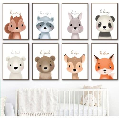 Cartoon Panda Fox Bear Deer Squirrel Animal Nordic Posters And Prints Wall Art Canvas Painting Wall Pictures For Kids Room Decor