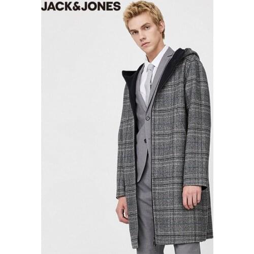 JackJones Mens Reversible Hooded Stand-up Collar Plaid Mid-length Woolen Overcoat| 219427520