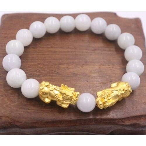 Genuine 24K Yellow Gold Bless Double Pixiu with 8mm Natural Jade Beads Bracelet Length from 5" to 15"