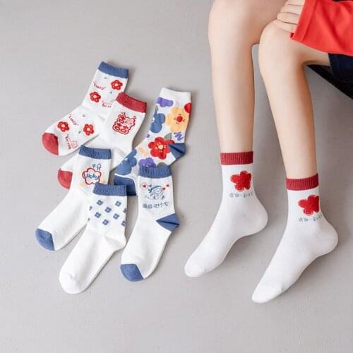 Girls Autumn Kawaii Socks Cotton 3pairs Lot Cute Crew Socks Red Flower Sox Winter Spring