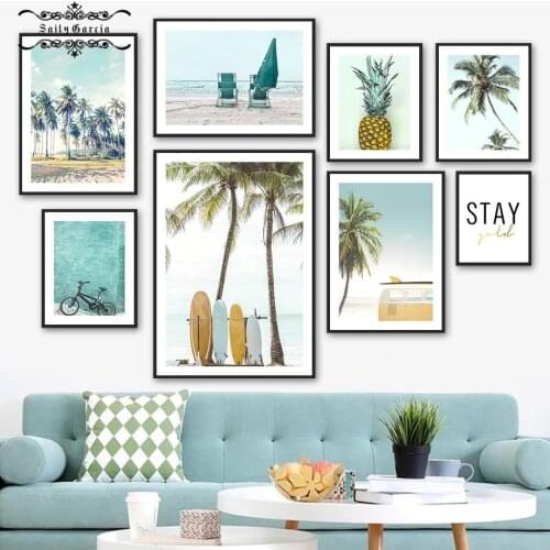 Tropical Seascape Poster and Prints Surfboard Palm Pineapple Wall Art Canvas Painting Nordic Wall Pictures for Living Room Decor