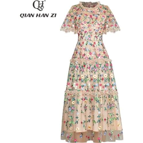Qian Han Zi designer fashion summer dress vintage Lace Elegant mesh flower embroidery Mid-length dress