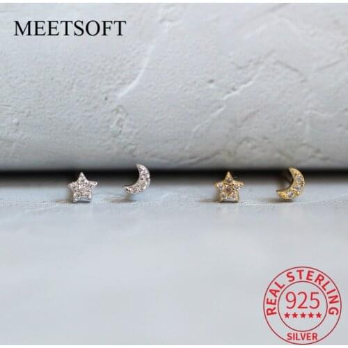 PONYKISS Trendy 925 Sterling Silver Asymmetry Moon Star Zircon Stud Earrings For Women Cute Party Fine Jewlry Drop Shipping