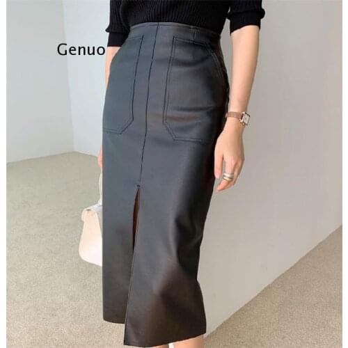 Spring Women PU Leather Skirts High Waist Pockets Package Hip Skirt Female Front Split Zipper Midi Pencil Skirts