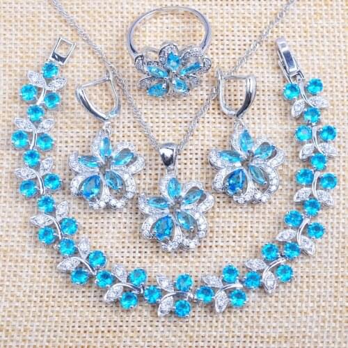 Russian Style For Women Wedding Jewelry Sets Sky Blue Zirconia Summer Accessories Bracelet Necklace And Earrings Ring Set YZ0531