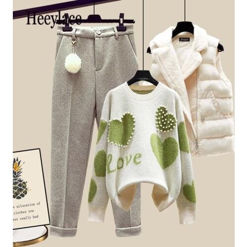 Autumn Winter New Warm Sweater 3 piece set Women Korean Fashion Sweet Heart-shaped beaded Sweater +Lamb wool vest +Pants Suits