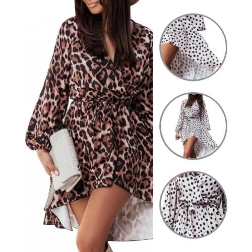 Soft Chic Leopard Print V-Neck Belt Women Dress All Match Casual Dress Leopard Print for Dating