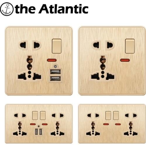 13A Universal Socket With 2.1A Dual USB Charger 86 146 Type Double Wall Power Outlet LED Indicator Gold Plastic Frame DE EU FR