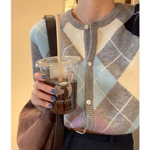 2021 autumn and winter fashion ladies new knitted cardigan loose Korean retro round neck plaid sweater womens all-match blouse