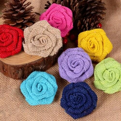 50pcs/lot 7-8cm diameter Burlap Rose Flower Popular European Rustic Wedding Decora Natural Burlap Roses 100% Burlap Jute Flowers