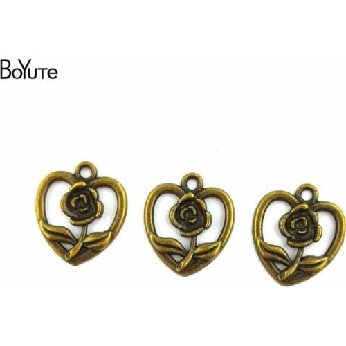 BoYuTe (50 Pieces/Lot) 16*18MM Vintage Korea Jewelry Antique Bronze Plated Rose Pendant Heart Charms of Jewelry Making