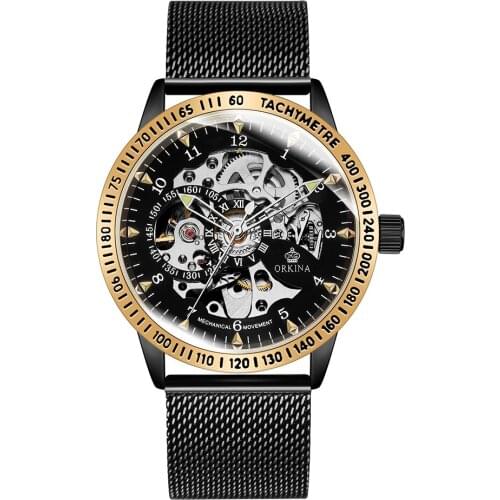 ORKINA Mens Watches Top Brand Luxury Mesh Stainless Steel Strap Military Watch Men Automatic Mechanical Skeleton Dial Male Clock