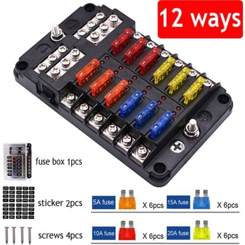 12V 32V Plastic Cover Fuse Box Holder M5 Stud With LED Indicator Light 6 Ways 12 Ways Blade for Auto Car Boat Marine Trike