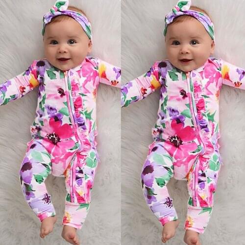 Tie-dye floral print childrens romper suit Infant Baby Boys Girls Long Sleeve Floral Print Romper Jumpsuit+Headband Outfits Y4