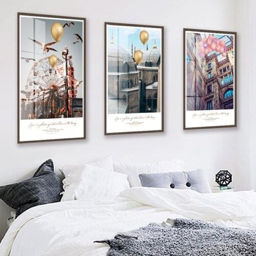 Nordic Canvas Painting Retro City Scenery Picture Wall Art Gold and Pink Balloon Posters and Prints for Bedroom Home Decor 4-5